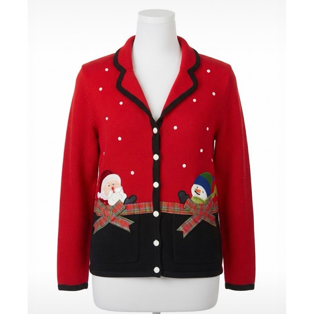 Vintage Studio Joy Ugly Christmas Cardigan Santa Snowman Plaid Bows Small
